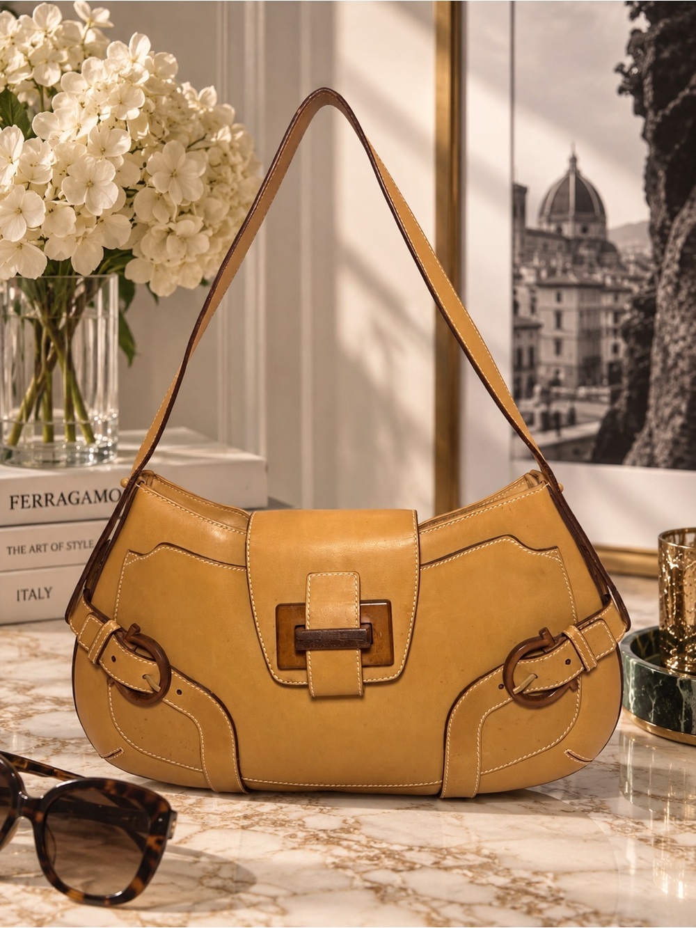 Salvatore Ferragamo Gancini Harness Leather Shoulder Bag Baguette